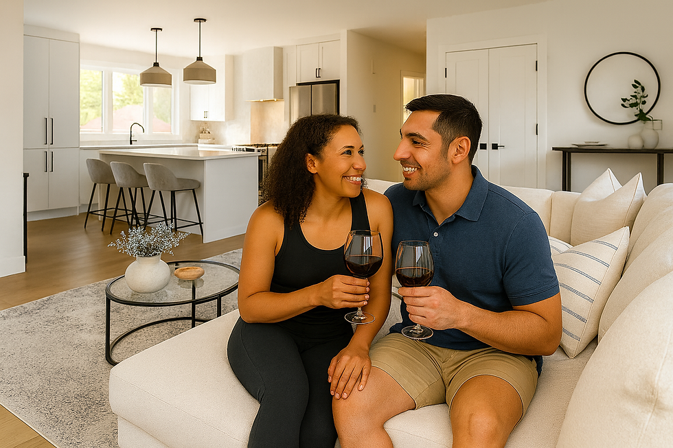 Couple on sofa in modern living room, smiling with wine glasses. Bright kitchen in background, neutral tones, cozy atmosphere.