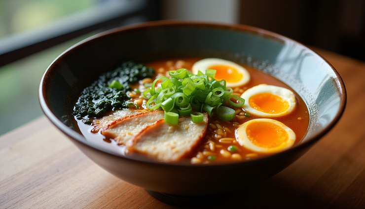 Eye-level view of a steaming bowl of ramen with toppings