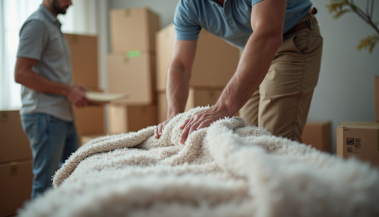Close-up view of professional movers carefully wrapping furniture with protective blankets