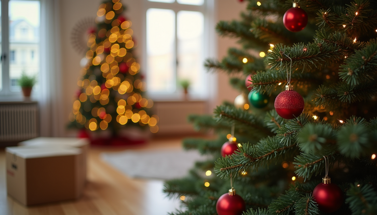 Close-up view of a Christmas tree being set up in a new home with moving boxes around