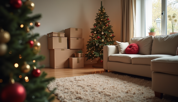 Eye-level view of a cozy living room decorated for Christmas with packed moving boxes