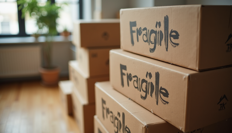 High angle view of neatly packed moving boxes labeled fragile