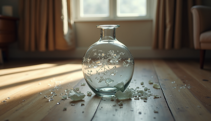 Close-up view of a shattered glass vase on a wooden floor