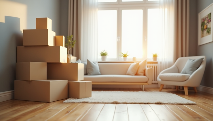Eye-level view of packed moving boxes stacked neatly in a bright living room