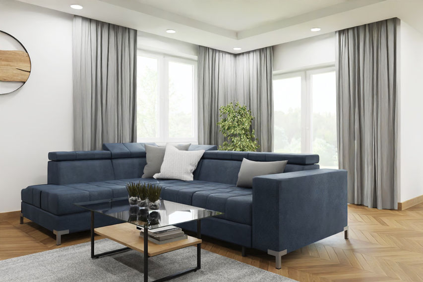 bauhouse aga gromak projekt wnętrz architekt salon sofa narożnik kanapa granatowa niebiesk