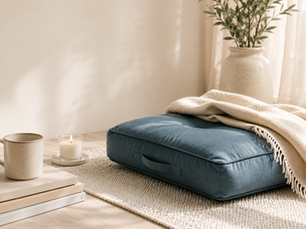 meditation cushion with a cream blanket over it. a potted plant in the corner by a window and a lite candle. a coffee mug on two books