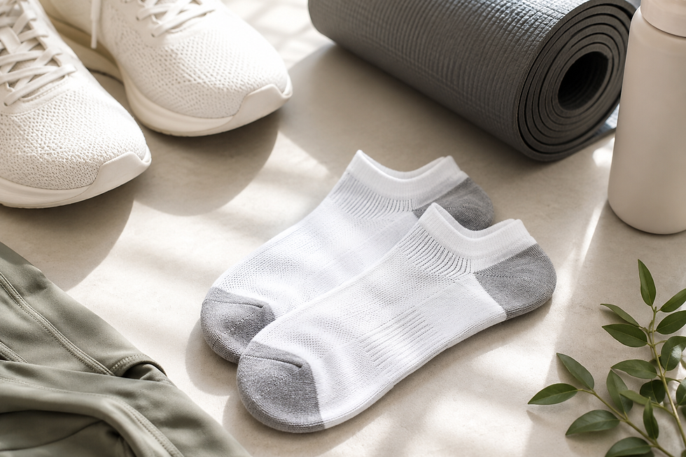 Clean flat lay of white women’s athletic ankle socks with workout essentials including sneakers, a yoga mat, water bottle, and activewear in a bright minimalist wellness setting.