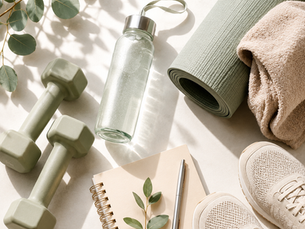 Square flat lay featuring beginner-friendly fitness essentials arranged on a light neutral surface. A pair of light dumbbells, reusable glass water bottle, rolled yoga mat, folded towel, walking shoes, spiral notebook with pen, and fresh eucalyptus leaves are illuminated by soft natural sunlight. The clean My Purely Well aesthetic uses calming sage, blue, and neutral tones to represent starting a simple, sustainable fitness routine.
