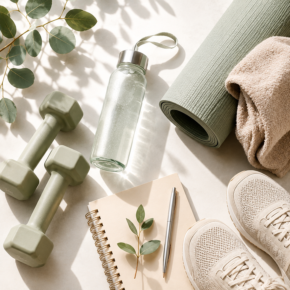 Square flat lay featuring beginner-friendly fitness essentials arranged on a light neutral surface. A pair of light dumbbells, reusable glass water bottle, rolled yoga mat, folded towel, walking shoes, spiral notebook with pen, and fresh eucalyptus leaves are illuminated by soft natural sunlight. The clean My Purely Well aesthetic uses calming sage, blue, and neutral tones to represent starting a simple, sustainable fitness routine.
