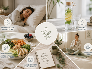 Educational collage illustrating five healthy recovery habits: getting quality sleep, staying hydrated, eating protein-rich and nutrient-dense foods, managing stress through mindfulness, and taking recovery days seriously. Soft natural lighting, neutral colors, and calming wellness imagery create a clean editorial design that highlights the lifestyle habits supporting muscle recovery and overall health.