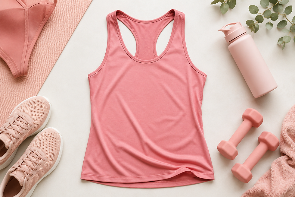 A blush pink women's racerback workout tank is displayed in a bright, clean flat-lay fitness scene. Surrounding the tank are matching pink athletic shoes, light dumbbells, a reusable water bottle, a yoga mat, and a soft workout towel. The minimalist arrangement uses soft pink tones and natural greenery accents to create a stylish, feminine wellness aesthetic focused on comfort, movement, and everyday fitness.