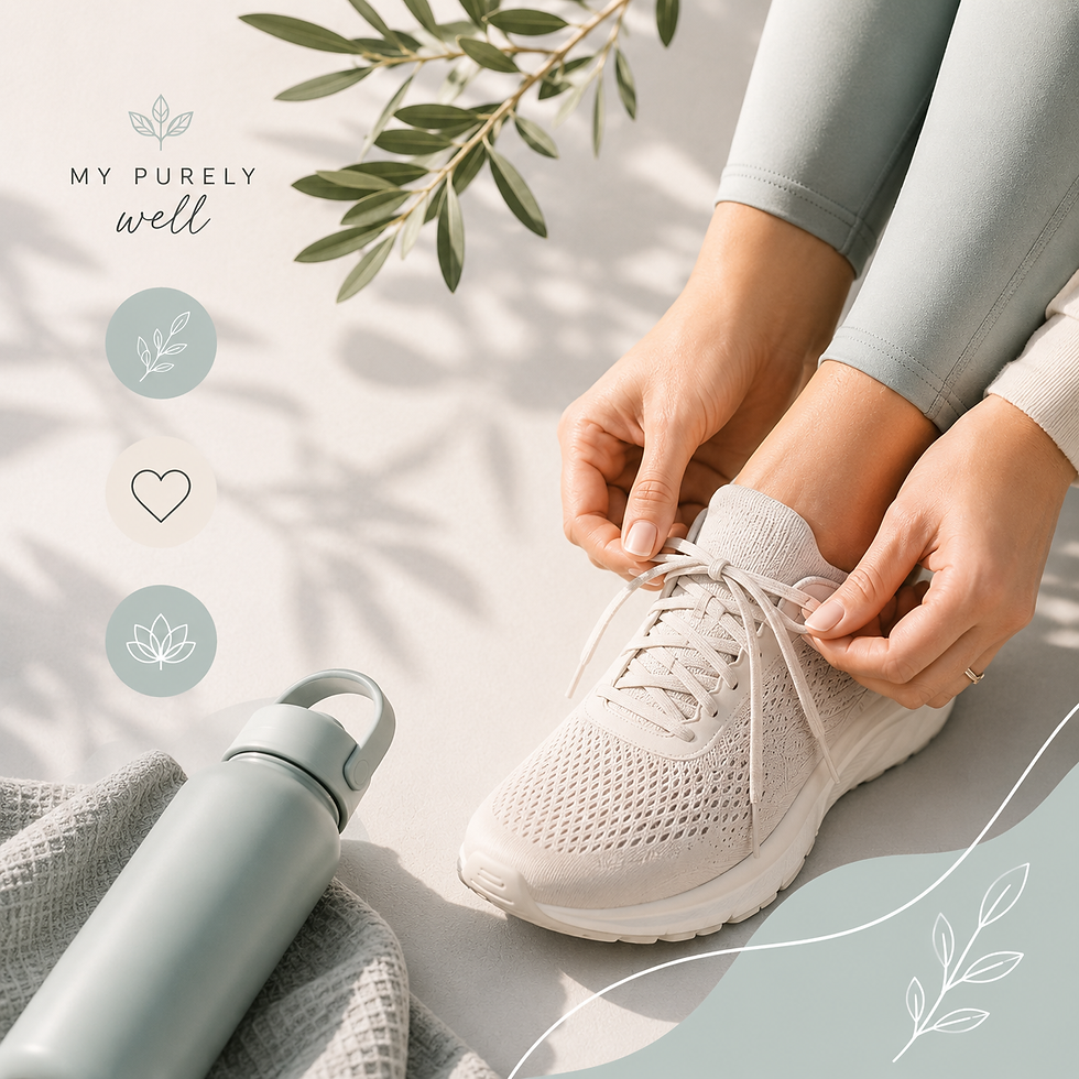 Person tying white sneakers on a light background with green accents, water bottle, and wellness-themed text and icons for a calming feel.