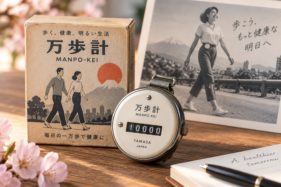 Vintage Japanese Manpo-kei pedometer displaying 10,000 steps beside retro packaging, illustrating the 1960s origins of the popular 10,000-step goal.