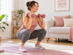Woman performing a beginner-friendly strength workout with light dumbbells in her living room.