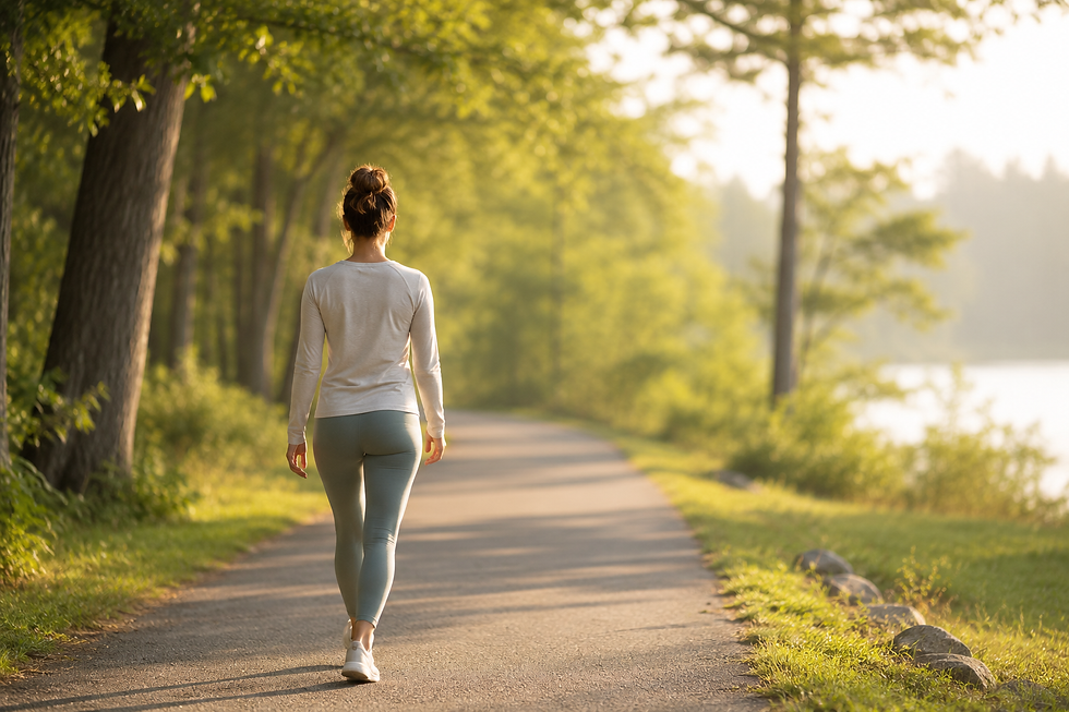 A woman walks along a peaceful tree-lined path beside a lake during golden hour. Soft sunlight filters through the trees, creating a warm and calming atmosphere. Wearing comfortable activewear, she strolls at a relaxed pace, surrounded by lush greenery and natural beauty. The image conveys simple daily movement, mindful wellness, and the health benefits of incorporating more walking into everyday life.
