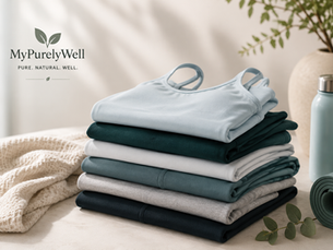 Calm wellness-inspired flat lay featuring a neatly folded stack of women’s workout clothes in soft blue, sage, gray, and navy tones, styled with a yoga mat, reusable water bottle, knit blanket, and greenery in a bright minimalist setting. Cozy activewear image representing versatile women’s fitness apparel and everyday wellness.