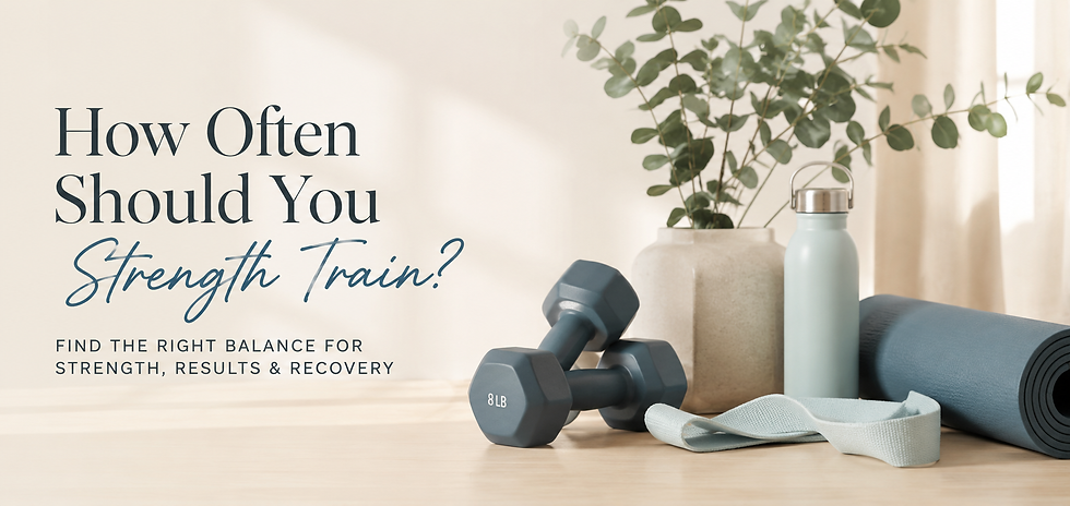 Infographic titled "Recovery Is Part of the Plan" featuring five wellness habits that support muscle recovery after strength training. The design includes a woman sleeping peacefully, a protein-rich meal with grilled chicken and grains, a reusable water bottle beside a glass of water, a woman walking on a sunlit nature trail, and a foam roller in a calming home setting. The soft neutral colors and clean, minimalist layout reflect a modern wellness aesthetic while highlighting the importance of sleep, nutrition, hydration, gentle movement, and allowing muscles time to recover.