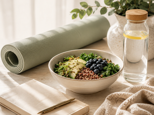 Square wellness image featuring a bright tabletop with a healthy grain bowl topped with avocado and blueberries, a glass water bottle with lemon, a rolled yoga mat, a notebook with a pen, soft linen fabric, and leafy greenery. Warm natural light and calming blue, sage, and neutral tones create a clean, inviting scene that represents healthy daily habits and long-term wellness.
