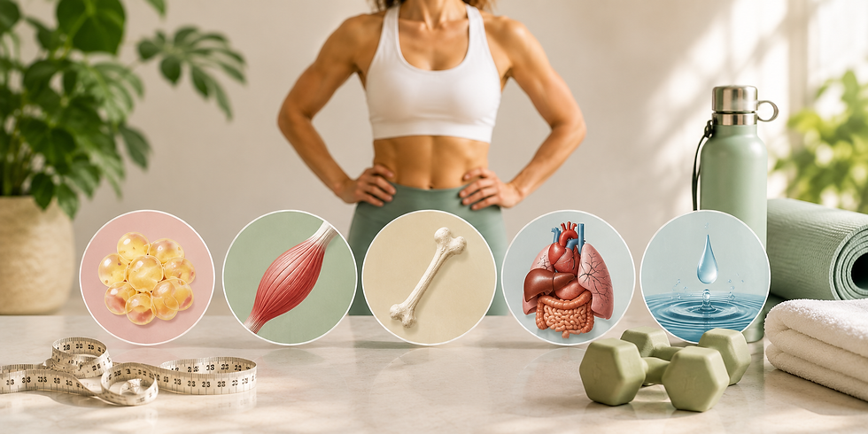 Woman in workout clothes standing behind visual representations of body fat, muscle, bone, organs, and body water, with weights, measuring tape, and fitness essentials in a bright wellness setting.