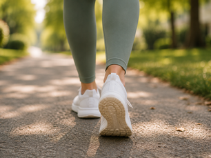 Close-up of a woman’s feet in white walking shoes taking a step along a sunlit neighborhood path. She wears sage-green leggings as warm morning light filters through the trees. The image emphasizes the simple act of walking and represents building a consistent walking routine, staying active, and enjoying everyday movement for better health.