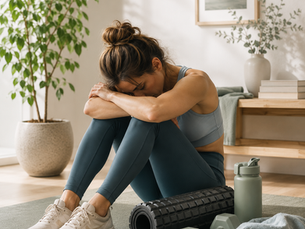 A woman sits on a yoga mat in a bright, peaceful home workout space with her head resting on her arms, suggesting physical fatigue after exercise. A foam roller, light dumbbells, reusable water bottle, and towel rest nearby. Soft natural light, neutral décor, and greenery create a calm My Purely Well aesthetic that illustrates the importance of recovery and recognizing the signs of overtraining.