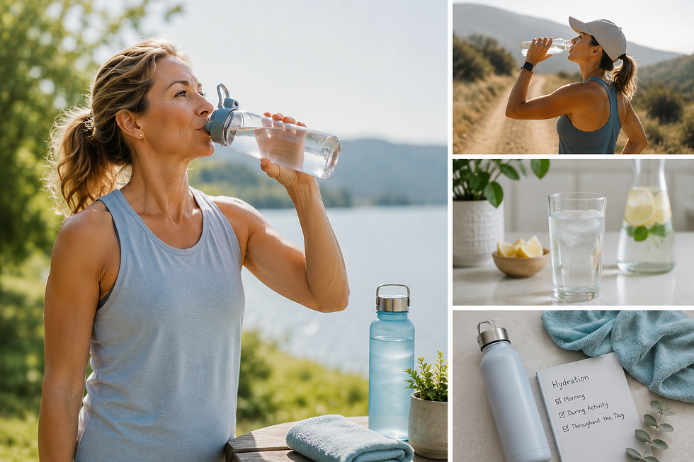 Editorial wellness collage showing the importance of staying hydrated for healthy movement. A woman drinks water outdoors after activity while companion images feature a hiker hydrating on a trail, a glass of water with lemon, and a reusable water bottle beside a hydration checklist and towel. The bright, natural design emphasizes daily hydration as an essential habit for supporting joints, exercise, and overall wellness.