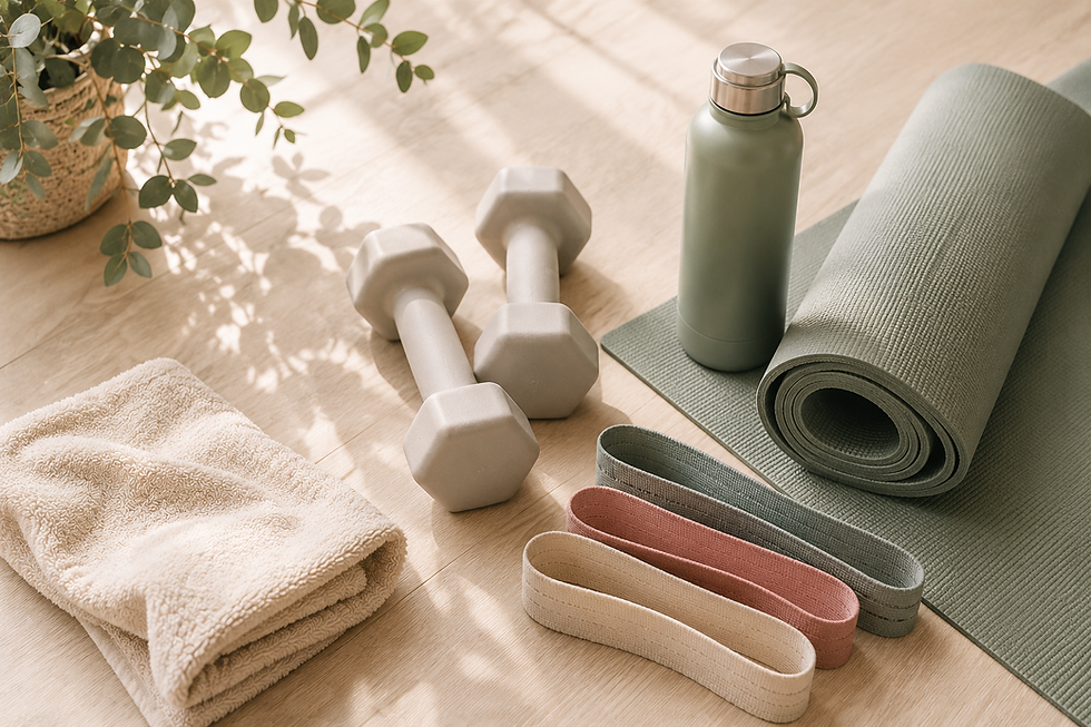 Flat lay of home strength training essentials on a light wood floor, including a rolled sage-green exercise mat, light dumbbells, fabric resistance bands, a reusable water bottle, and a folded towel. Soft natural sunlight and eucalyptus create a calm, minimalist wellness aesthetic that represents beginner-friendly resistance training and healthy movement at home.