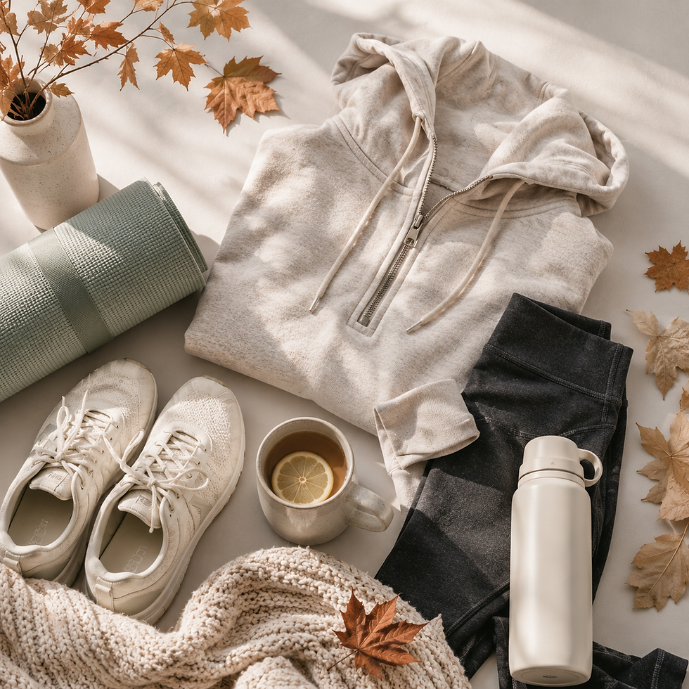 Fall activewear flat lay featuring a cozy cream hoodie, leggings, sneakers, yoga mat, water bottle, warm drink, knit blanket, and autumn leaves in soft neutral tones.
