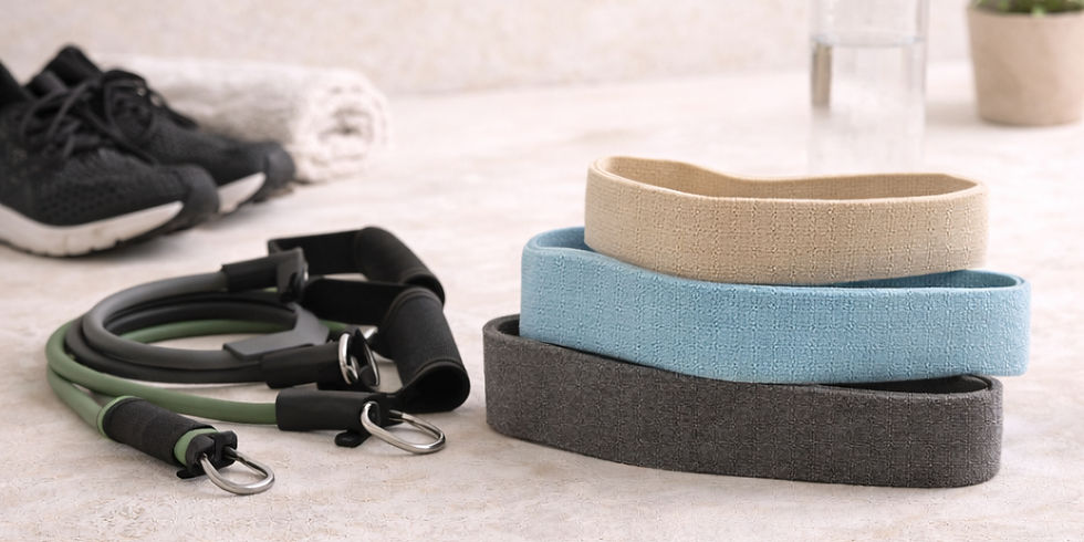 Loop and tube resistance bands arranged with home workout equipment for strength training.