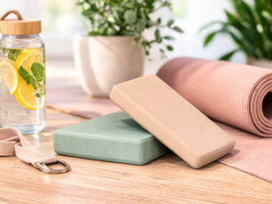 Slim yoga blocks with yoga mat and infused water on a wooden floor representing simple home workout gear.