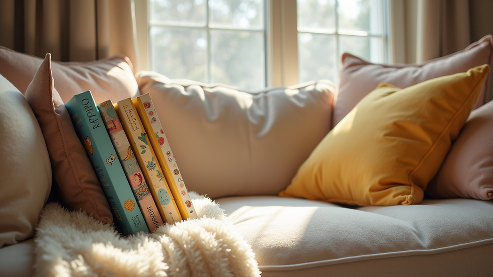 Close-up view of a cozy reading nook with children’s books and soft cushions