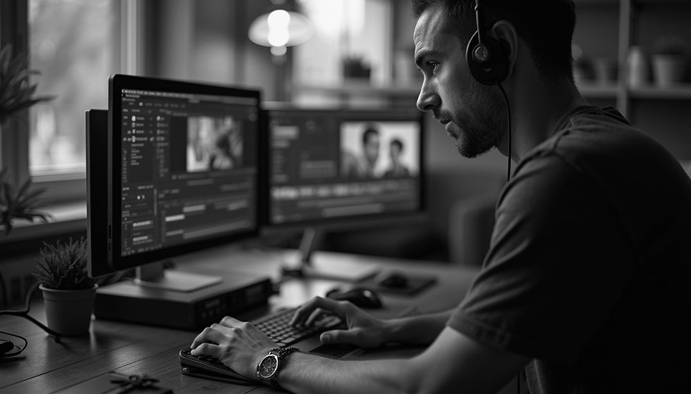 Close-up view of a video editor working on documentary footage