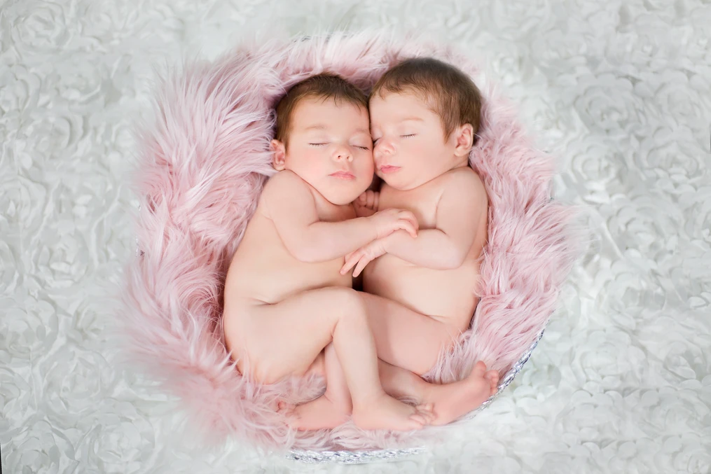 Twin baby girls naked hugging in basket with pink fur sussex county nj posed newborn photography Twin baby girls naked hugging in basket with pink fur sussex county nj posed newborn photography