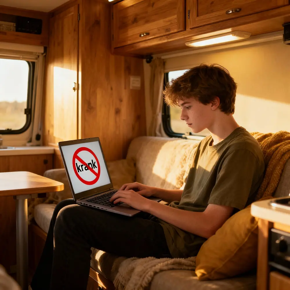Junge im Wohnmobil mit Laptop auf Schoß mit einem durchgestrichenen "krank" Schild auf dem Desktop