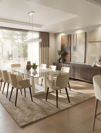 Modern dining room with glass table, white chairs, and large windows in Denver Metro.