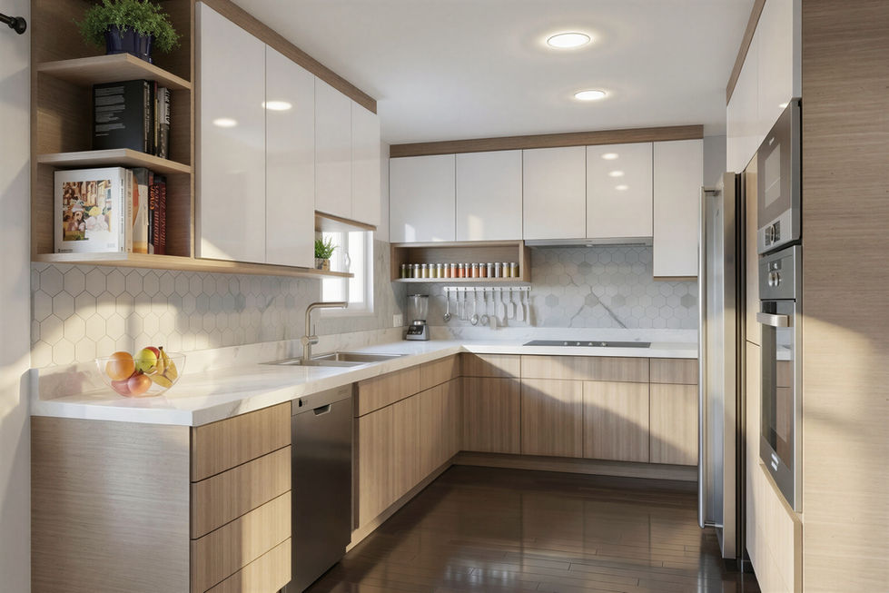 Custom kitchen design with modern cabinetry and quartz backsplash in Arvada