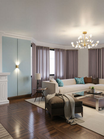 Luxury modern living room with fireplace and gray sectional sofa in Arvada, CO.