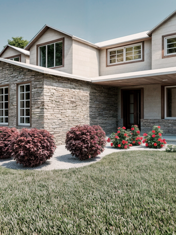 Luxury modern home exterior with front yard landscaping and professional night lighting in Castle Rock, CO.