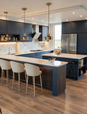 Contemporary kitchen island with dark stools and modern pendant lights in Denver.