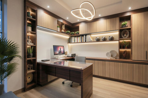 Modern home office with custom gray cabinets, desk, and designer circular lighting in Arvada.