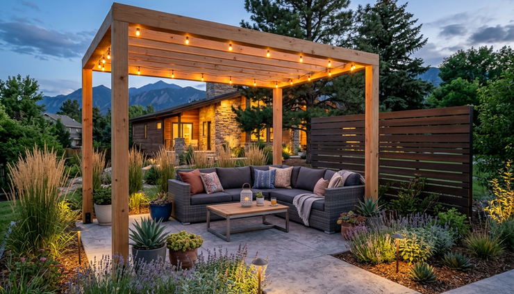Eye-level view of a modern backyard seating area with a pergola, paver patio, and soft landscape lighting.