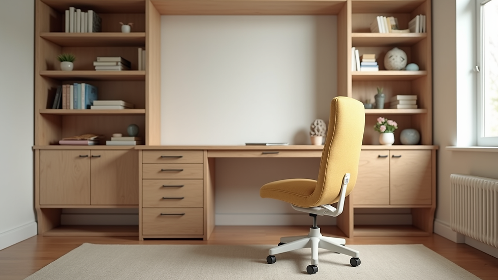 Close-up view of a custom kids desk with ergonomic chair and built-in shelves
