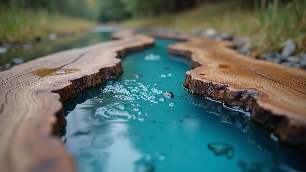 Close-up view of a river table showing the flowing blue resin between wood slabs
