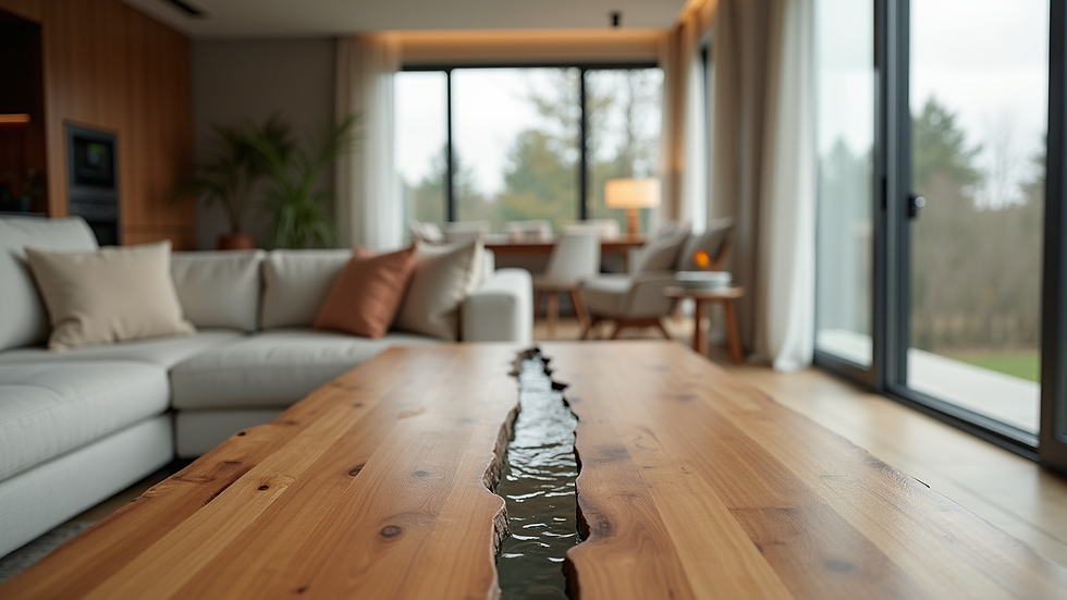 Eye-level view of a modern living room featuring a river table with natural wood edges