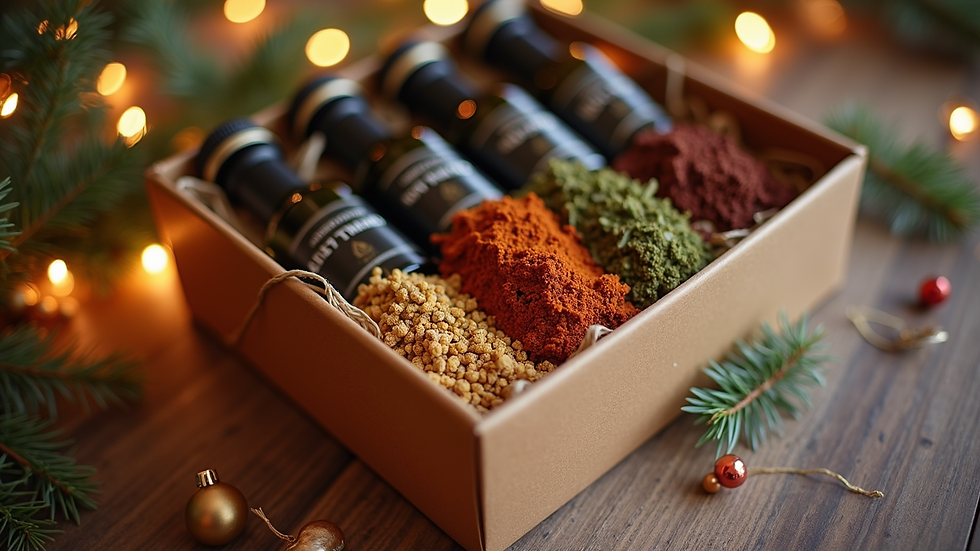 Eye-level view of a festive holiday gift box with spices and olive oil bottles