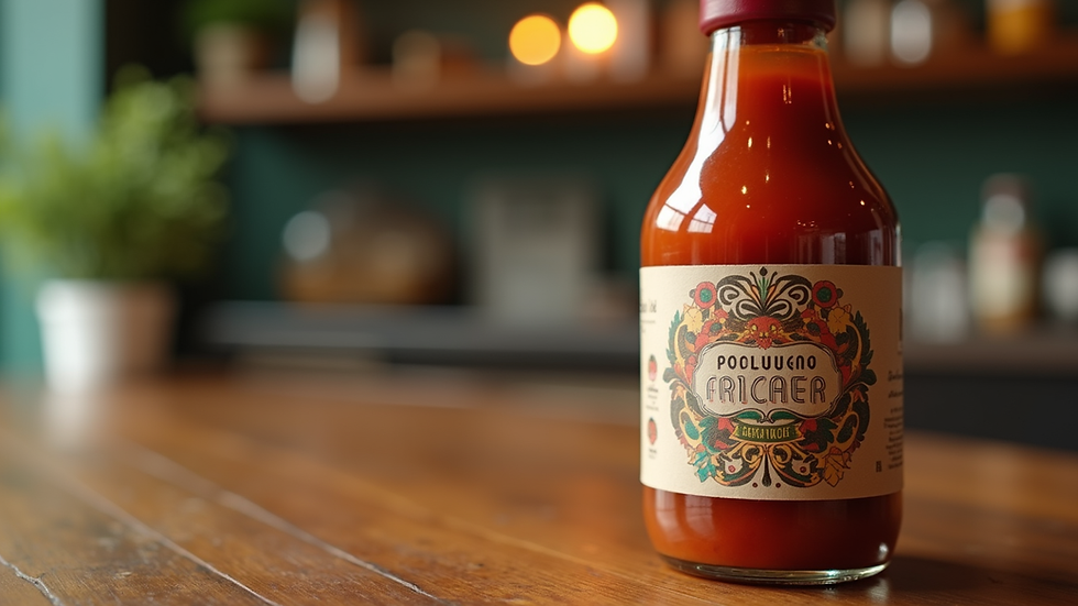 Close-up view of a gourmet sauce bottle with vibrant label on wooden table