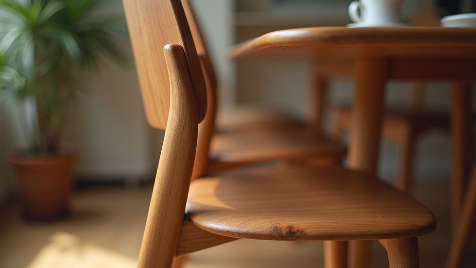 Eye-level view of a wooden handcrafted chair with smooth finish