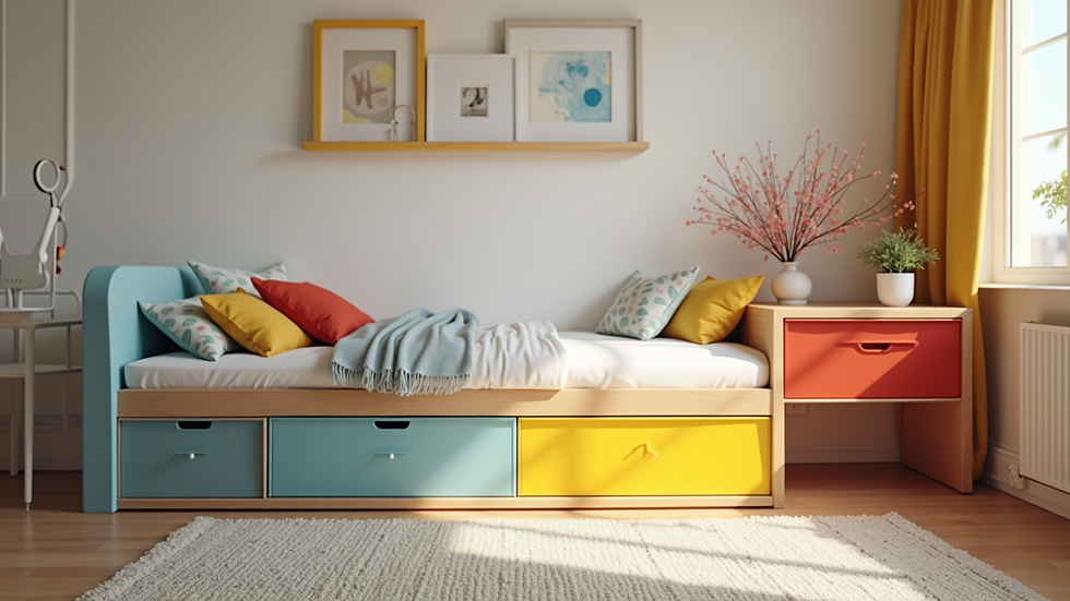 Eye-level view of a colorful custom kids bed with built-in storage drawers