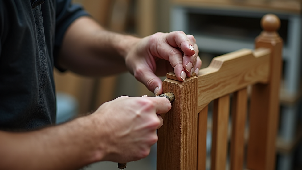 Close-up view of a craftsman carving details on a wooden chair