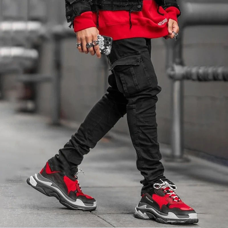 Men Street Elastic Denim Jeans Wash Solid Color Multi Pockets Cargo Pants Casual